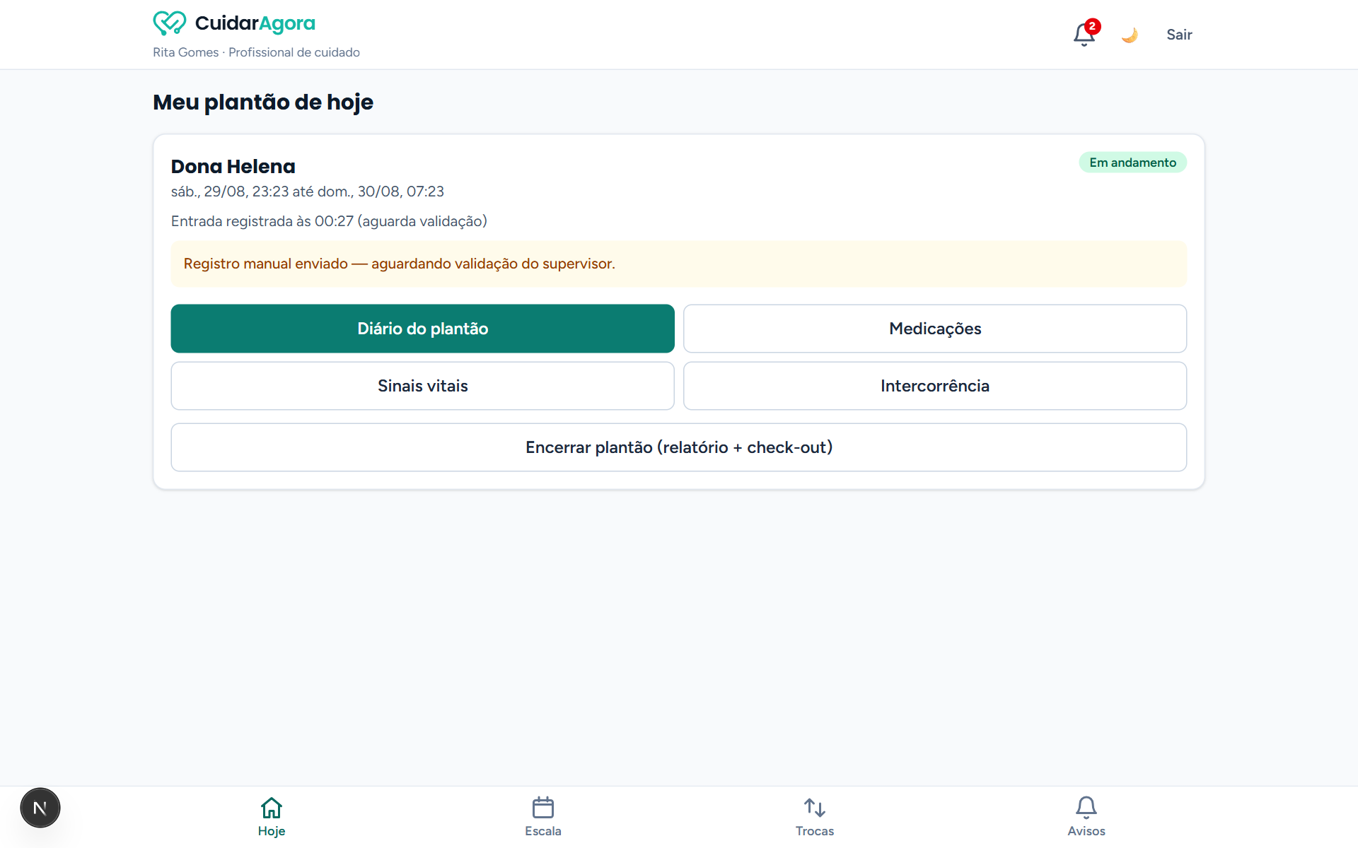 Tela do profissional com o aviso de registro manual enviado aguardando validação do supervisor