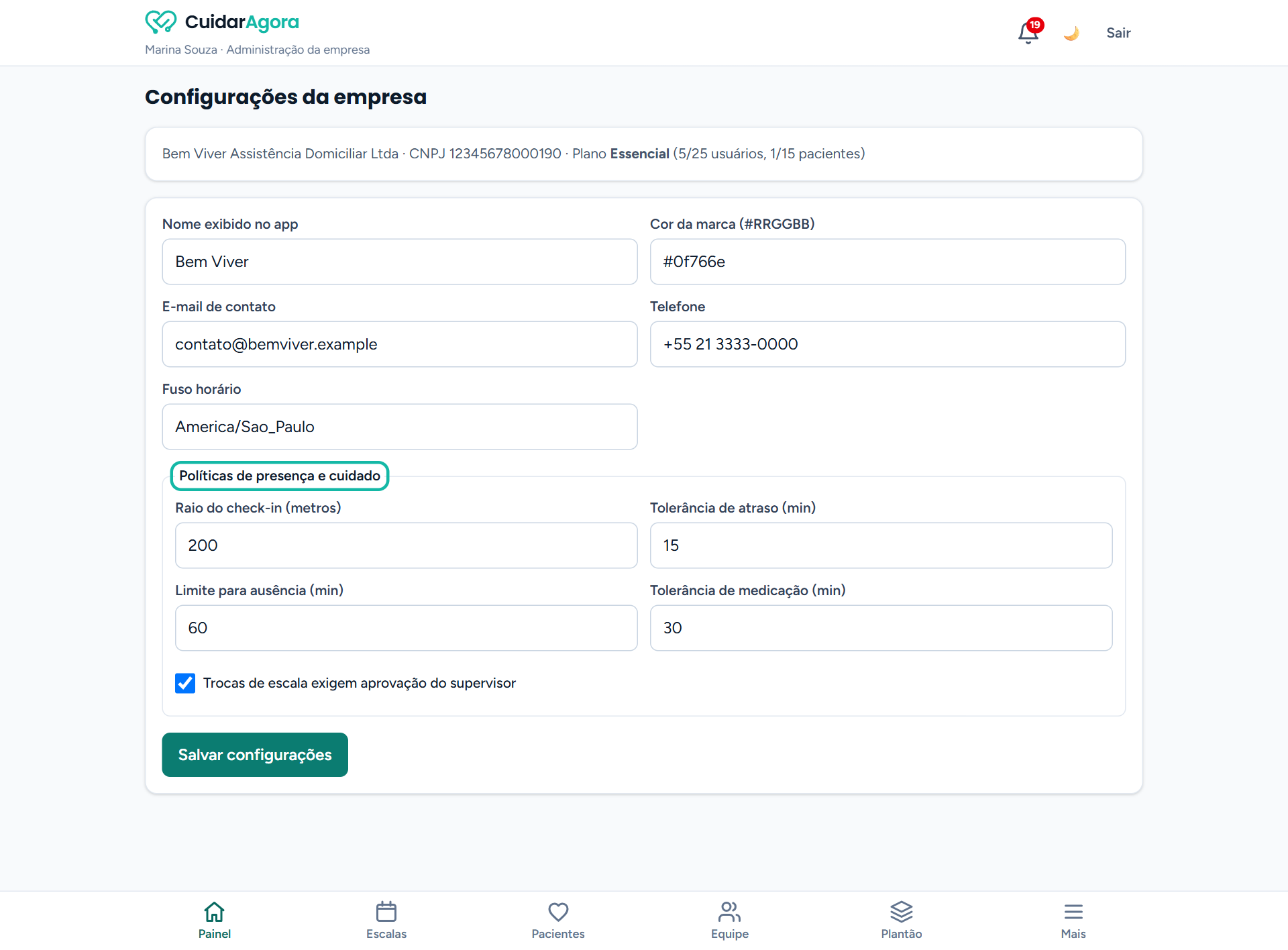 Tela Configurações da empresa com campos de identidade e o fieldset Políticas de presença e cuidado destacado