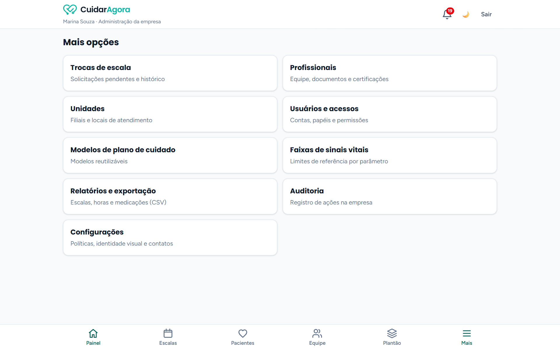Tela Mais opções com cards para Trocas, Profissionais, Unidades, Usuários, Modelos de plano, Faixas de sinais vitais, Relatórios, Auditoria e Configurações