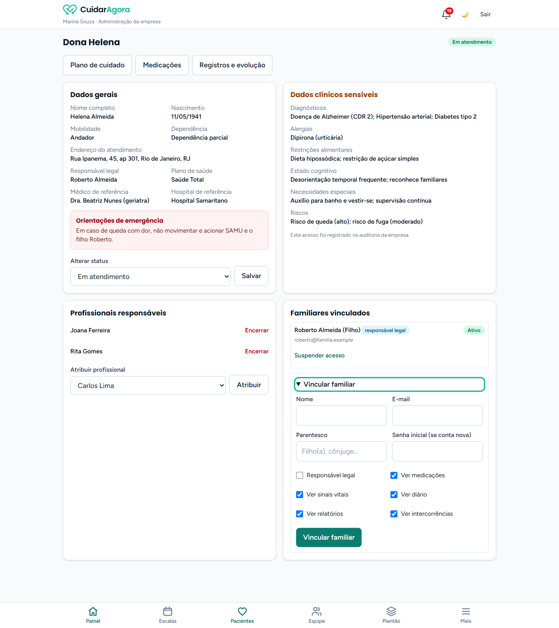 Formulário Vincular familiar aberto com campos de nome, e-mail, parentesco e permissões de visualização