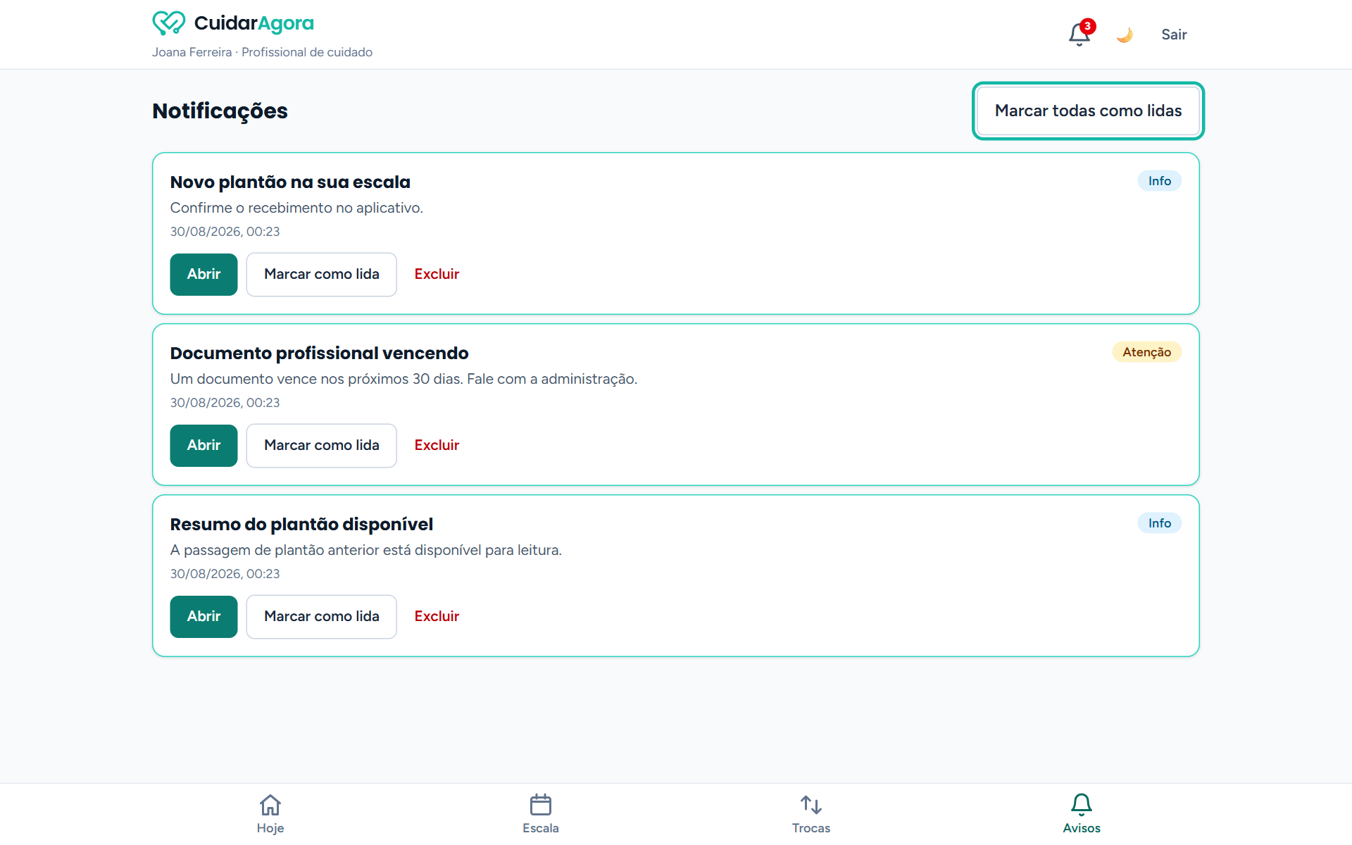 Tela de notificações com avisos de plantão, documento vencendo e resumo disponível