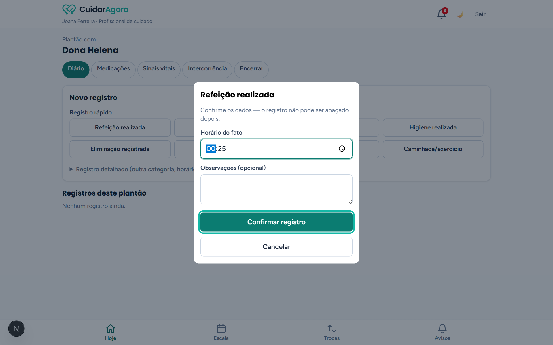 Janela de confirmação do registro rápido com horário do fato, observações e o botão Confirmar registro destacado