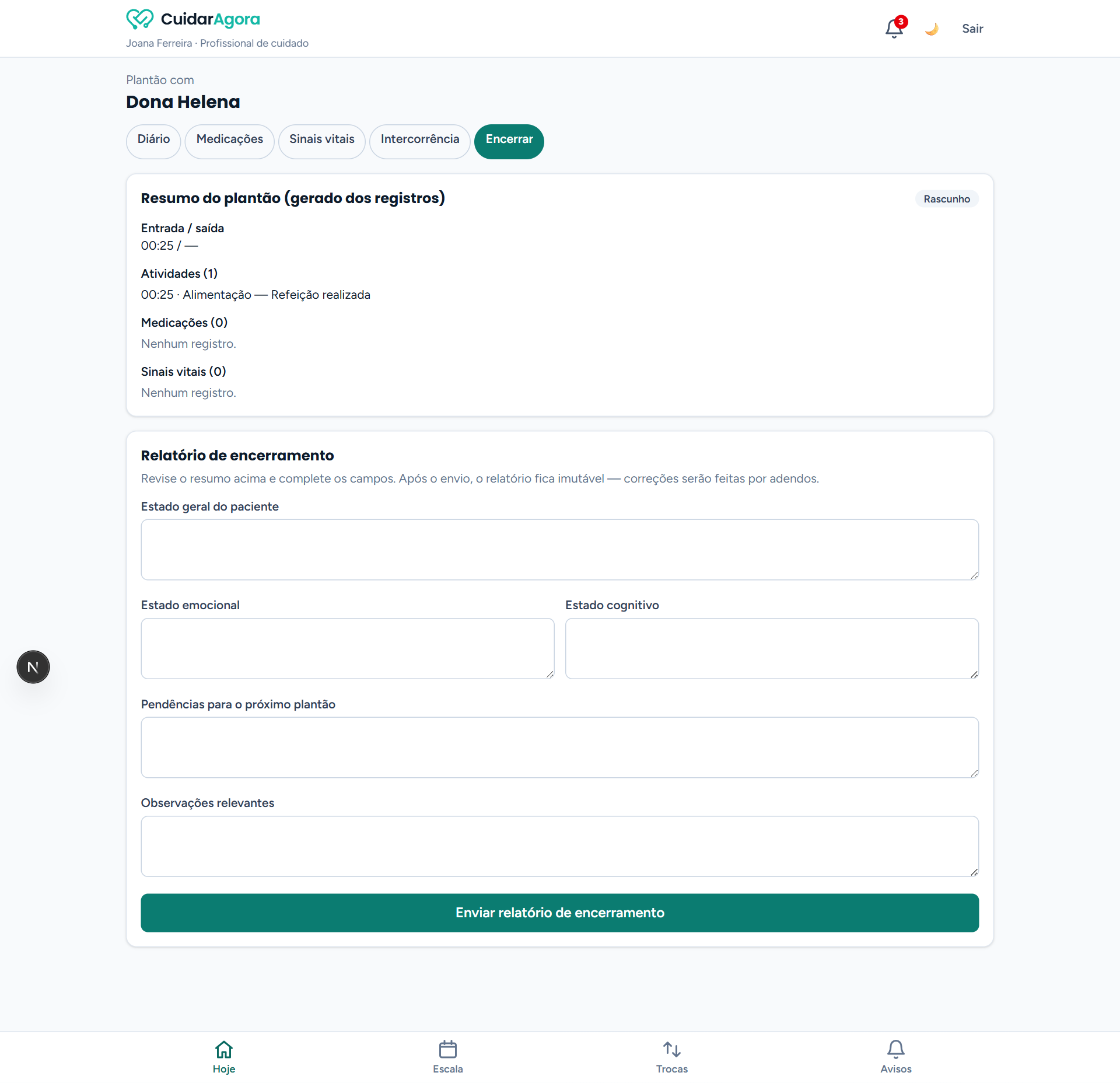 Aba Encerrar com o resumo automático do plantão, o formulário Relatório de encerramento e o check-out