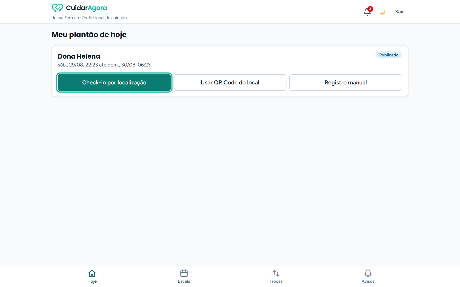 Tela Meu plantão de hoje com os botões Check-in por localização (destacado), Usar QR Code do local e Registro manual