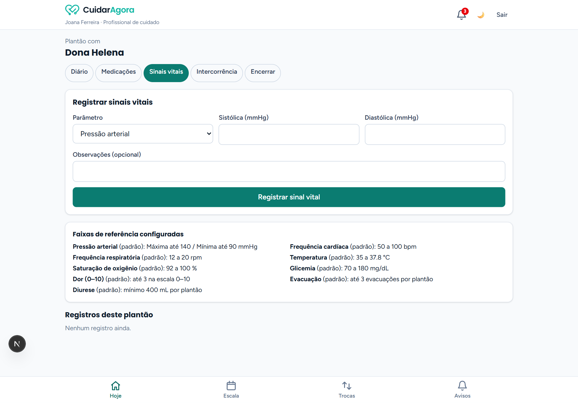Aba Sinais vitais do plantão com o formulário de registro, as faixas de referência configuradas e os registros do plantão